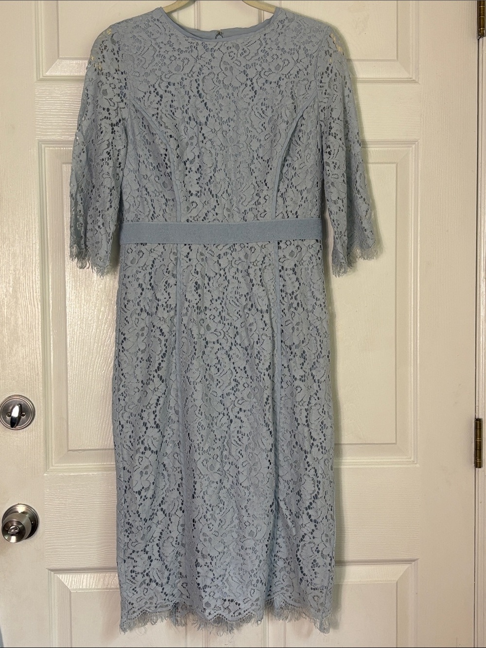 Blue lace overlay half sleeve midi dress size Medium Eva Mendes delicate modest